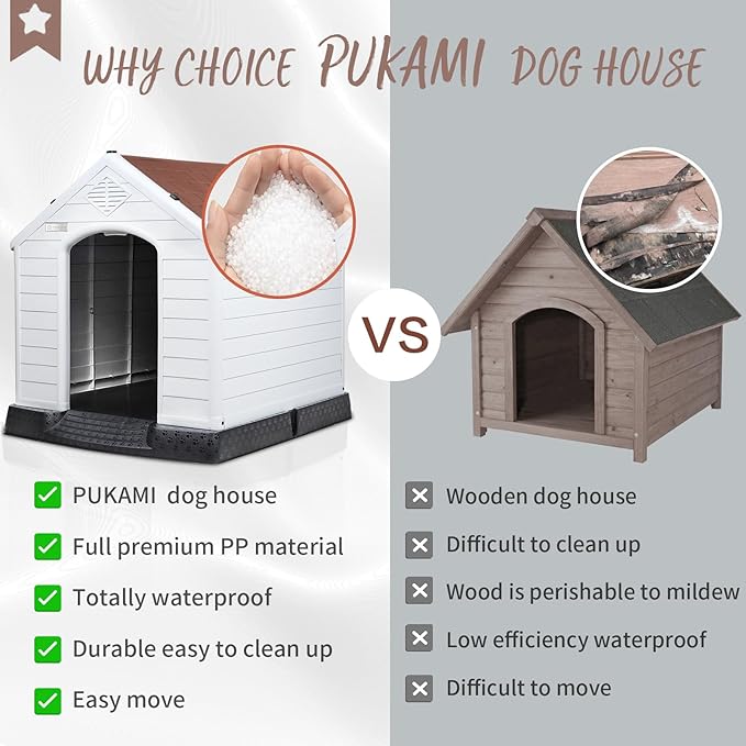 PUKAMI Plastic Dog House Outdoor Indoor for Small to Large Sized Dogs,Durable Waterproof Puppy Shelter with Elevated Floor and Air Vents,Ventilate & Easy Clean and Assemble (Brown, 42inch)