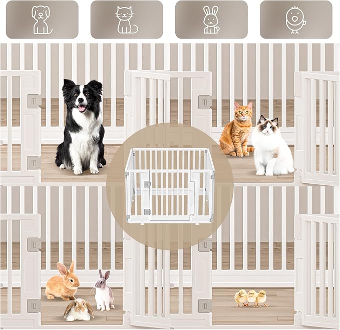 Pet Playpen Foldable Gate for Dogs Heavy Plastic Puppy Exercise Pen with Door Portable Indoor Outdoor Small Pets Fence Puppies Folding Cage 4 Panels Medium Animals House Supplies (PPW-WHITE06, White)