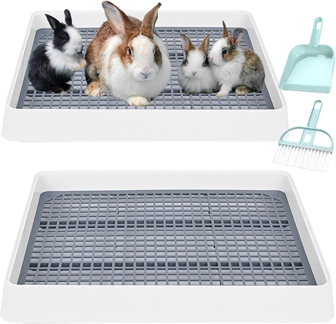 VAIPI 2 Pack Large Rabbit Litter Box with Small Broom and Dustpan Litter Pan for Cage Grate Restroom Bunny Toilet Tray for Rabbit Rats- 15 x 12.2 x 2.6 Inches