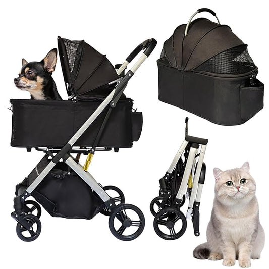Pet Stroller for Small & Medium Dogs Cats up to 55 lbs 4-in-1 Foldable Travel Pet Stroller with Detachable Carrier Lightweight All-Terrain Spring Damping,Car Seat,Sun Canopy,Black