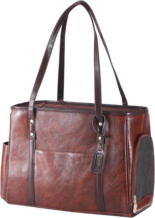 Fashion Dog Carrier Purse, Premium Leather Cat Carrier Bag, Airline Approved Soft Sided Pet Travel Tote Bag with Pockets Coffee