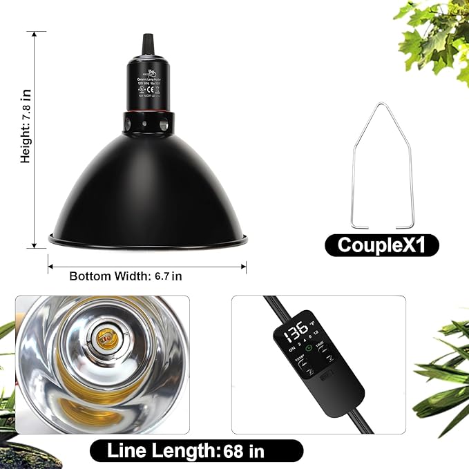 Reptile Light Fixture with Thermostatic Timer, 8.5 Inch Deep Dome Lamp Cap Reptile Heat Lamp Fixture with Separate Switches, Terrariums Light Fixture for Ceramic Heating Lamp Bulb
