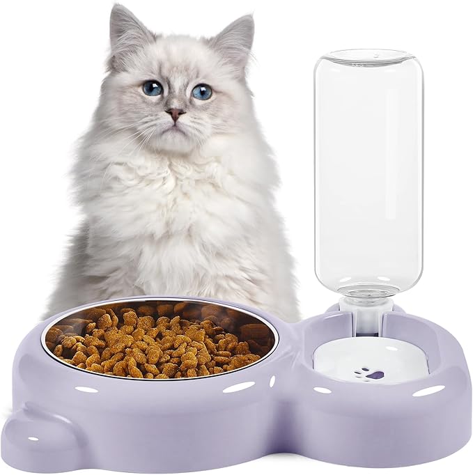 Dog Bowls, Cat Food and Water Bowl Set with Water Dispenser and Stainless Steel Bowl for Cats and Small Dogs - Purple