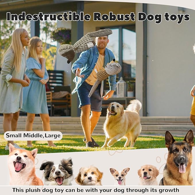 Crinkle Dog Toys Squeaky Plush No Stuffing Cute Puppy Stuffless Tough Rop Pull Toy, Fun Dog Stuffed Animals Durable Chew Set for Small Medium Large Pup (Large, Dark Brown+Brown Squirrel)