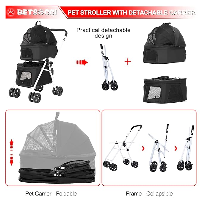 Double Dog Stroller with 2 Detachable Carrier, Portable Pet Stroller for Small Dogs & Cats Folding Lightweight Puppy Travel Carriage, 4 Wheels, Black