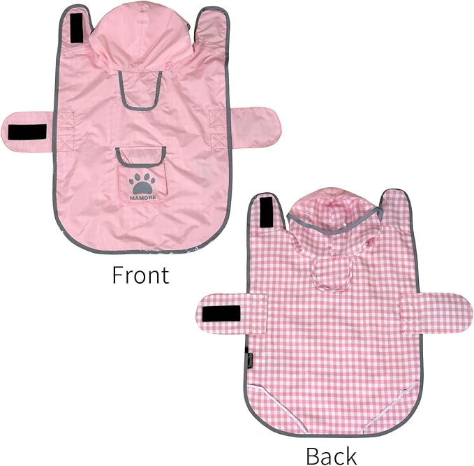 MAMORE Dog Raincoat Reversible,Waterproof Dog Rain Coat Hooded Slicker Poncho with Reflective Strip, Plaid Double Layer Rain Jacket for Small Medium Large Dogs (Pink, X-Large)