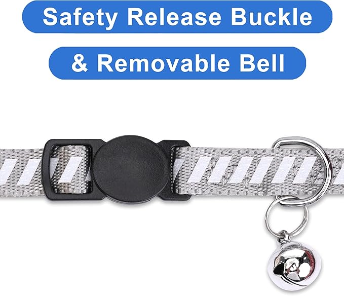 Pawtitas Personalized Cat Collar with Breakaway Safety Release Buckle Adjustable Length | Cat Collar with Custom Embroidered for Your Pet's Name and Phone Number | Grey Cat Collar with Removable Bell