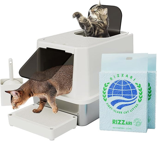 RIZZARI Stainless Steel Cat Litter Box, Enclosed Top-Entry Design, Large Capacity High-Sided Leak Proof Litter Pan for Cats, Easy Clean Pet Toilet (Beige, with Cat Litter)