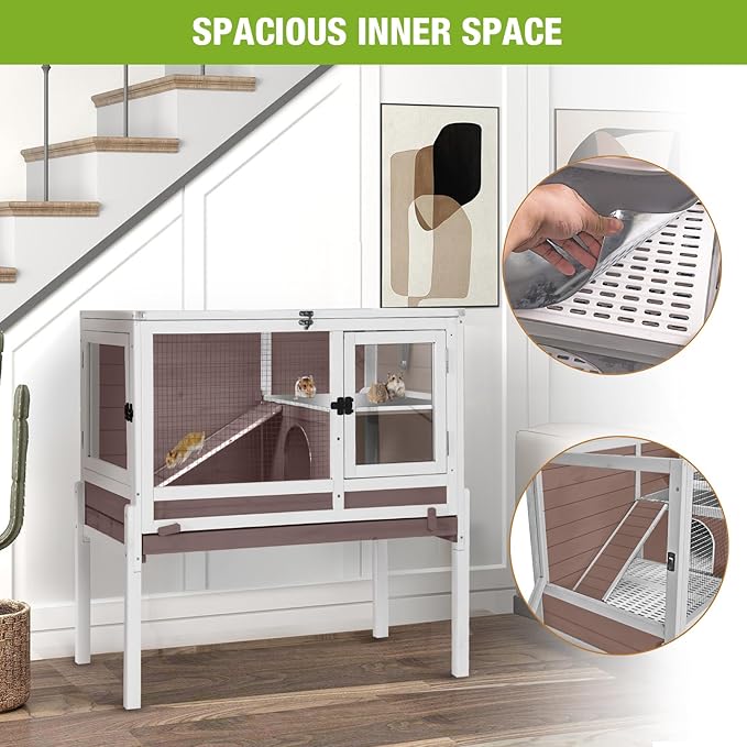 Wooden Guinea Pig Cages Indoor,Two-Story Wooden Rabbit Cage Hutch with Removable Stand and Pull Out Tray, Small Animals Cage Habitat with Ramp and Plastic Mesh(Brown&White)