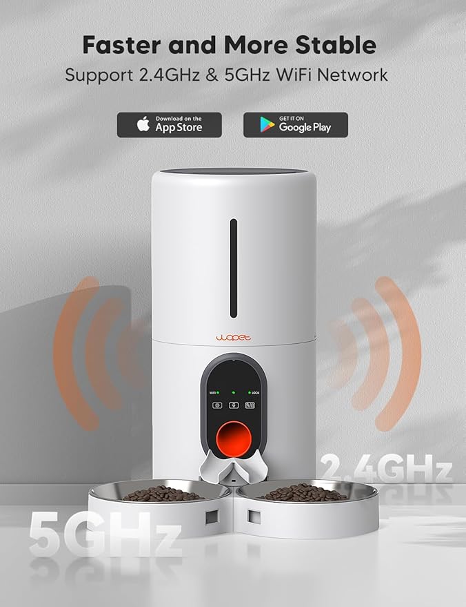 WOPET Automatic Cat Feeder, 5G WiFi Pet Feeder for Two Cats or Dogs with Remote Control, 6L Cat Food Dispenser with Low Food Sensor, 1-10 Meals Per Day, Up to 10s Meal Call for Pets