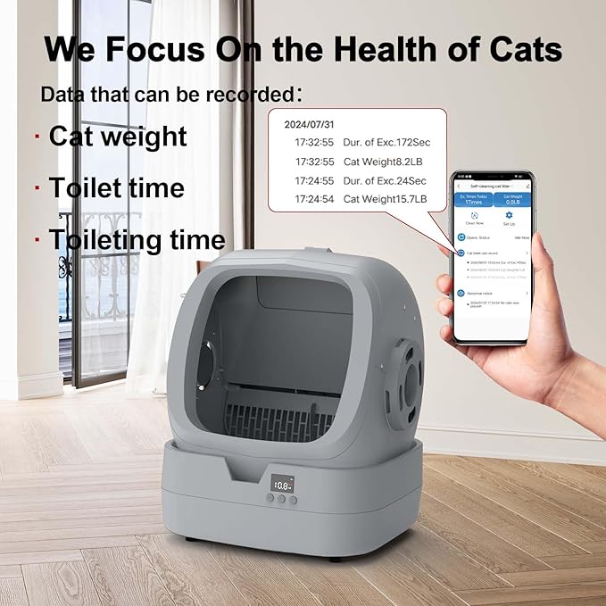 Automatic Self-Cleaning Cat Litter Box with APP-Controlled, Weight Tracking โ 86L Ultra-Quiet, Smart Health Monitor, and Safe Anti-Pinch Design (Assembly Required) -Light Grey