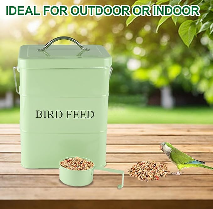Bird Seed Storage Container Airtight,5~6LB Metal Bird Food Container with Scoop,for Storing Sunflower Seed-Ideal for Outdoor or Indoor-Squirrel Proof -Green