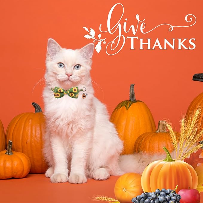 SCENEREAL Fall Cat Collar Breakaway with Bell and Bowtie, 2 Pack Cute Holiday Cat Collars, Adjustable Kitten Collar, Safety Buckle Collar for Girls Boys Cats Dogs Pets, White Green