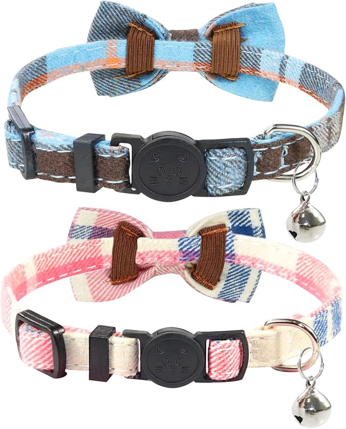 Joytale Upgraded Cat Collar with Bells, Breakaway Cat Collars with Bow Tie, 2 Pack Girl Boy Safety Plaid Kitten Collars, Haze Blue+Pink