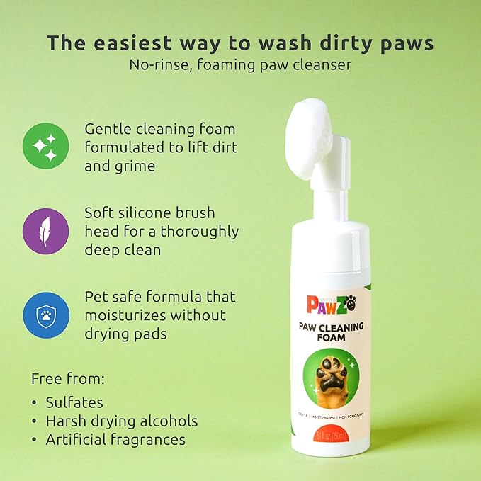 Protex PawZ No-Rinse Foaming Paw Cleanser for Dogs - Moisturizing, Fragrance-Free with Silicone Brush