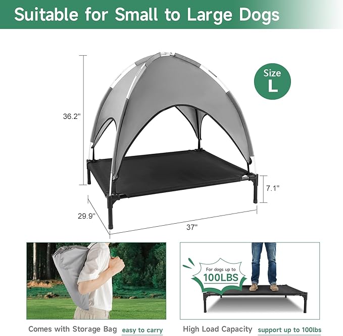 Elevated Outdoor Dog Bed with Canopy, Raised Dog Cot with Shade, Waterproof Dog Tent for Medium Small Dogs Portable Cooling Pet Bed with Breathable Mesh for Camping Beach, L