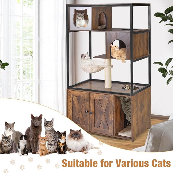 Cat Litter Box Enclosure, Wooden Cat Tree with Hidden Litter Box Enclosure, Indoor Cat House with Condo, Hammock Scratching Mat and Storage Shelves (Brown, Large)