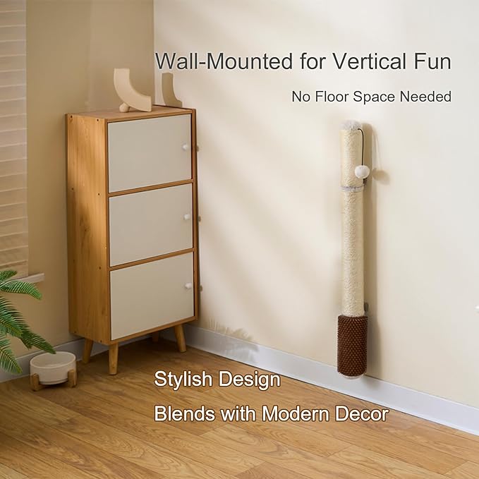34" Wall Mounted Cat Scratcher – Extra-Tall Vertical Sisal Climber with Grooming Brush & Hanging Ball, Space-Saving Modern Cat Scratch Board, Hardware Included, Beige