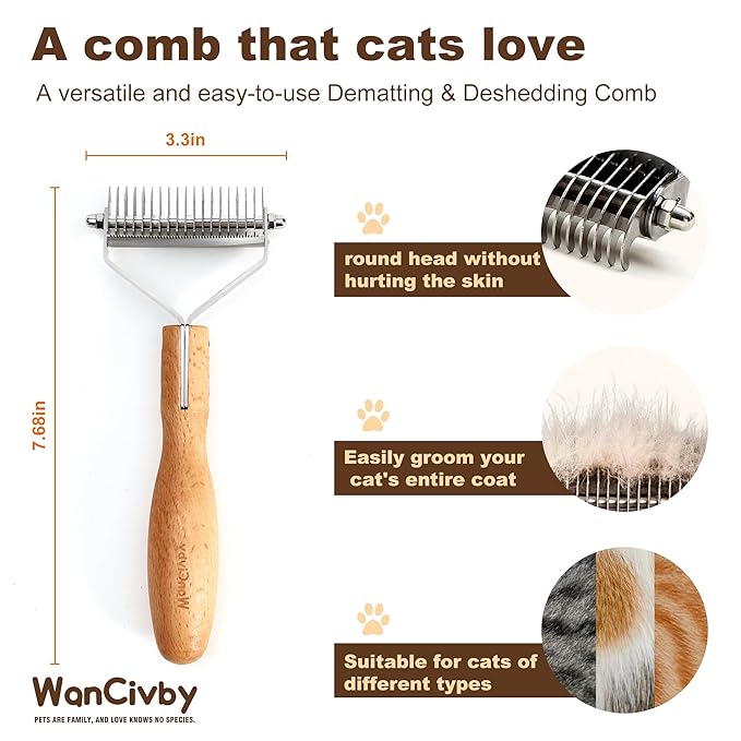 3-in-1Dematting & Deshedding Comb Undercoat Rake for Cats& Dogs,Detangling Matted Fur & Hair Remover Tool Pet Grooming Rake for Shedding and Dematting,Ergonomic beech wood handle (Round Handle)