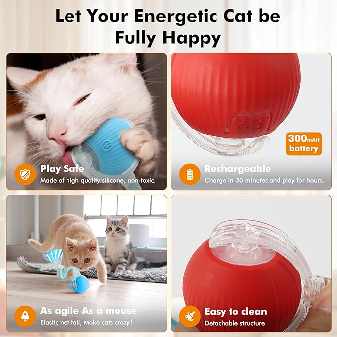 3 Packs Speed Tail 2.0 Interactive Cat Toys for Indoor Cats, Automatic Moving Cat Toy with Elastic Mesh Tail, Rechargeable Cats Ball for Enrichment Exercise