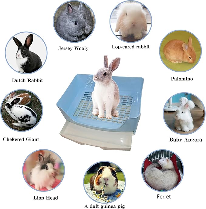 Tfwadmx Large Rabbit Litter Box Bunny Corner Toilet Potty Trainer with Drawer Bigger Pet Pan for Adult Guinea Pig Chinchilla Ferret Hedgehog and Other Animals (Blue)