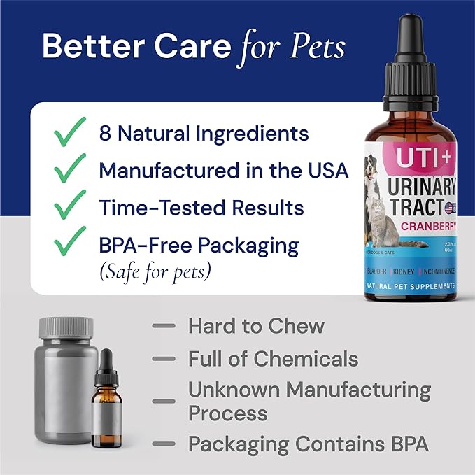 Cat & Dog UTI Treatment - UTI Medicine & Urinary Tract Infection Treatment for Pets - Kidney Support - Bladder Control for Dogs Incontinence - Cat UTI Remedy - Cranberry Supplement - US Made - 2fl.oz