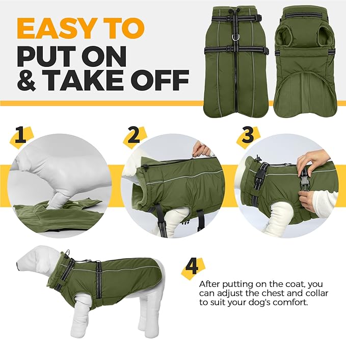 Lelepet Waterproof Dog Jacket with Harness Built in Warm Dog Winter Coat, Reflective Jacket Fleece Jacket, Dogs Coats for Small Dogs, Thermal Pet Snowsuit for Cold Weather, Yorkshire, Army Green, S