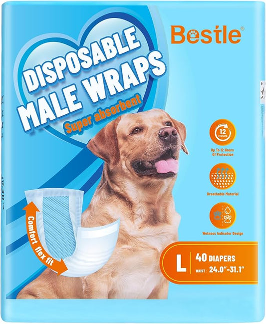 Male Dog Wrap, Disposable Dog Diapers, 40 Count, L (Waist 23.6”-31.5”), Wetness Indicator, Ultra Protection, Leak Proof, Super Absorbent, Soft