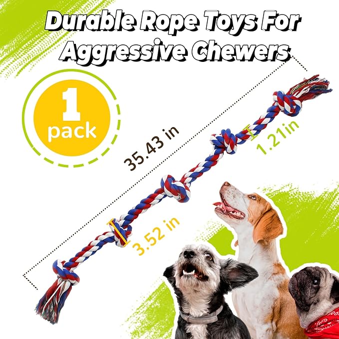 YALAVA 3 Feet 5 Knots Dog Rope Toy for Aggressive Chewers, Heavy Duty Large Chew Toys for Teeth Cleaning, Cotton Rope Dog Tug Toy