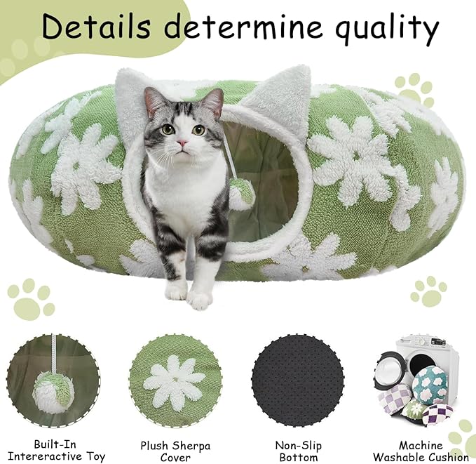 Cat Tunnel Bed for Indoor Cats, Soft Plush Donut Peekaboo Cat Cave, Multifunctional Playground Toy for Small Medium Large Cats, Kittens, Rabbits, Ferrets, with Washable Cushion(Green)