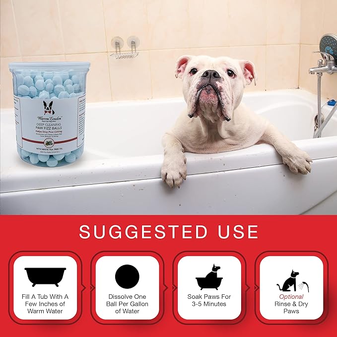 Warren London Deep Cleaning Paw Soak for Dogs – 300 Count Fizz Balls | Groomer-Size | Soothes Itchy, Irritated Paws with Seaweed, Tea Tree Oil & Aloe | Anti-Lick Paw Relief & Easy 5-Minute Spa