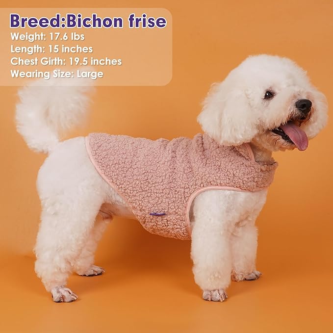 cyeollo Dog Coat Sherpa Fleece Reversible Jacket Turtleneck Sweater Vest Thick Dog Jackets for Winter Warm Clothes Cold Weather Coats for Small Dogs Apparel, Pink L