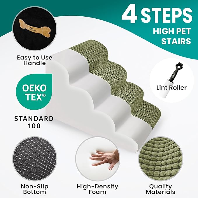 Dog Stairs for Small Dogs, 20.5 in H 4 Step Curved Dog Ramp for High Bed and Couch, Foam Dog Ramp with Durable Non-Slip Waterproof Fabric Cover, Pet Stairs for Pets Joints, Green