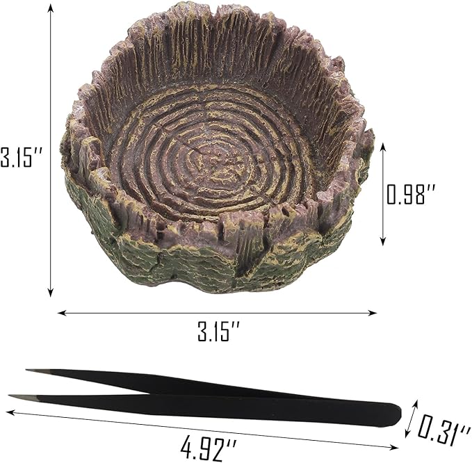 IBWell 2pcs Reptile Water Bowl with Feeding Tweezers Reptile Food Dish for Lizard Snake Tortoise Reptile Feeding Dish for Small Animals - Gray Tree Stump