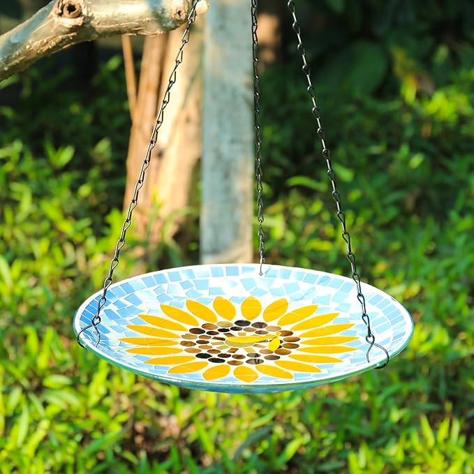 MUMTOP Mosaic Hanging Bird Bath-Bird Baths for Outdoors - 12 Inch Glass Birdbath Bird Water Bowl Bird Feeders for Outside, Garden, Lawn Yard Decor(Sunflower)