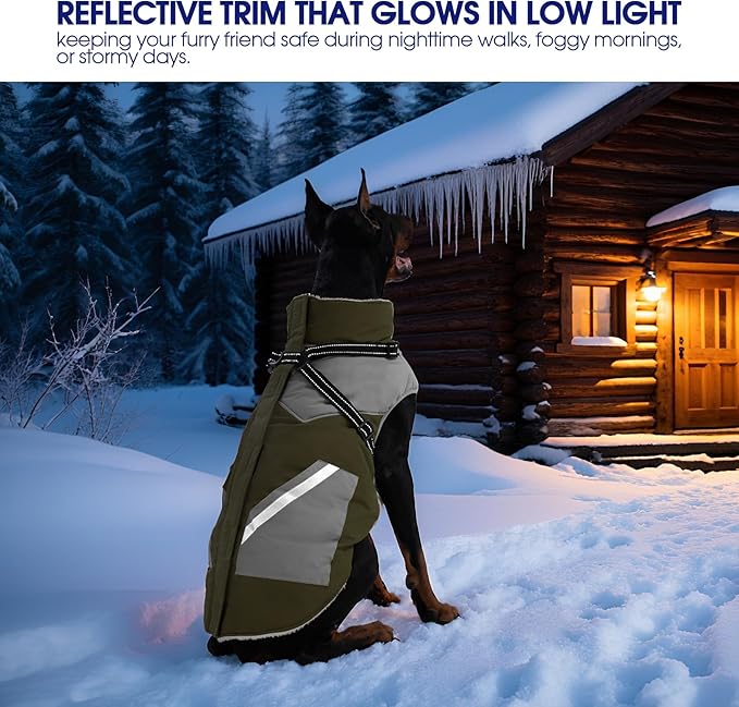 FUAMEY Dog Winter Jackets for Large Dogs,Dog Coat with Harness Built in,Waterproof Dogs Snowsuits Warm Pet Jacket Zip Up Fleece Cold Weather Coats Reflective Puppy Vest with Pocket Green 3XL