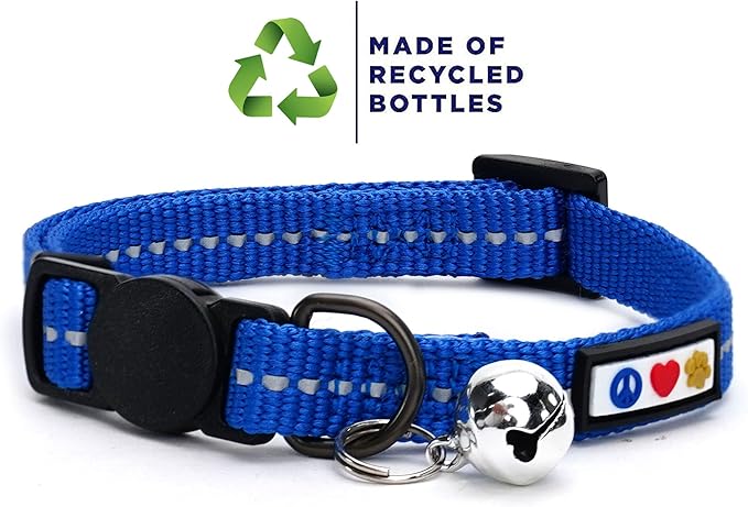 Pawtitas Recycled Cat Collar with Reflective Stitched and Safety Buckle Removable Bell Reflective Cat Breakaway Collar Made from Plastic Bottles - Blue Ocean Cat Collar.