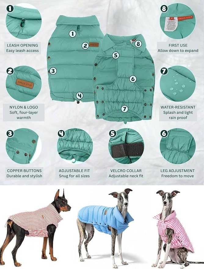 SPACE LION Puffer Jacket, Down Winter Coat, Waterproof, Windproof, Lightweight Jacket, Adjustable Fit for Medium, Large Dogs(Green,XL)