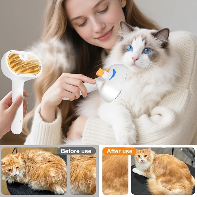 Pet Steam Brush for Dog & Cat - 3-in-1 Steam Grooming Brush for Shedding & Hair Removal - Self Cleaning Spray Comb with Mist for Long Haired Pets - Includes 1*Waterless Shampoo, Yellow