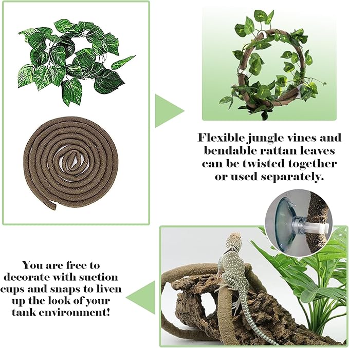 kathson Bearded Dragon Hammock,Large Lizard Lounger,Reptile Tank Hanging Plants Climbing Jungle Vines Flexible Leaves Decorations for Lizards Chameleon Gecko Snakes(3 PCS)