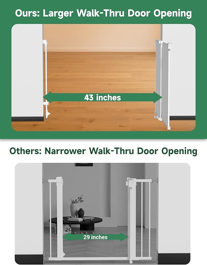 29.5-43" No Bottom Bar Baby Gate for Stairs, Auto Close Dog Gate Indoor, Hardware Mounted, Child Safety Gate for Kids with Large Walk Thru Door, Pet Gate for Doorways adn Stairs - White