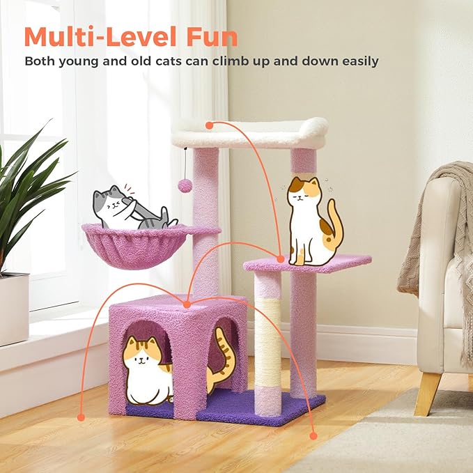Cat Tree for Indoor Cats with Metal Frame Carpet Hammock, 32" Cute Cat Tower with Cozy Condo, Top Perch, Scratching Posts, and Replaceable Ball Toy, Pet Furniture for Small Cats & Kittens, Purple