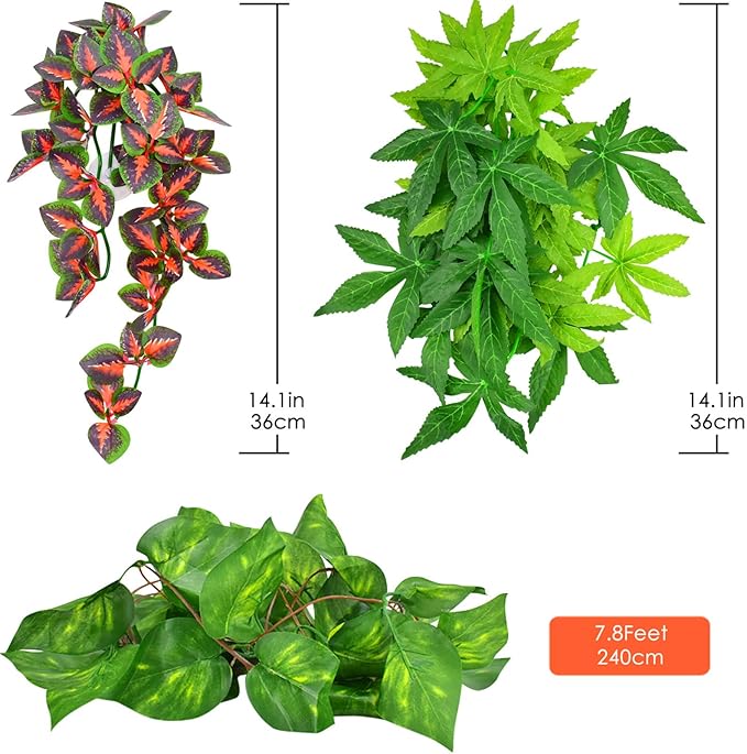 KATUMO Reptile Plants, 3 PCS Amphibian Hanging Plants with Suction Cup for Snake, Bearded Dragons, Lizards, Geckos, Toads, Hermit Crab Tank Pets Habitat Decorations