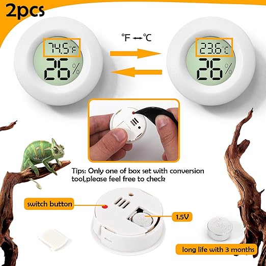 2 PCS White Reptile Thermometer and Humidity Gauge for Bearded Dragon Tank Accessories, Reptile Tank Accessories for Jumping Spider, Leopard Gecko, Hermit Crab, Gecko, Ball Python, Lizard