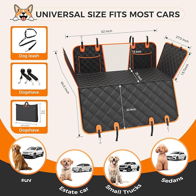Dog Car Seat Cover for Back Seat, Hard Bottom Up to 500lbs Back Seat Extender for Dogs, Waterproof Non-Slip Sturdy Breathable Comfortable Dog Hammock for Car, SUV,Truck