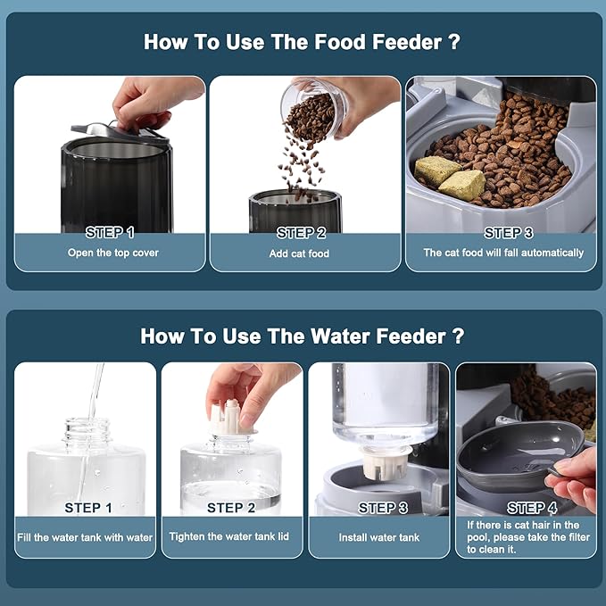 Automatic Cat Feeder Water Dispenser 2 in 1 Gravity Cat Feeder Large Capacity Dispenser for Pet Dogs Puppy Kitten (Black)