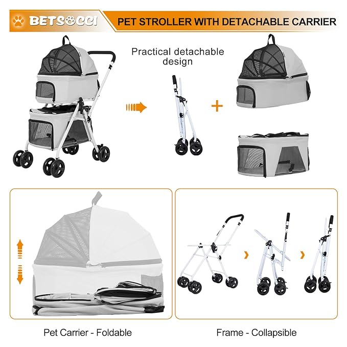 Double Dog Stroller with 2 Detachable Carrier, Portable Pet Stroller for Small Dogs & Cats Folding Lightweight Puppy Travel Carriage, 4 Wheels, Grey