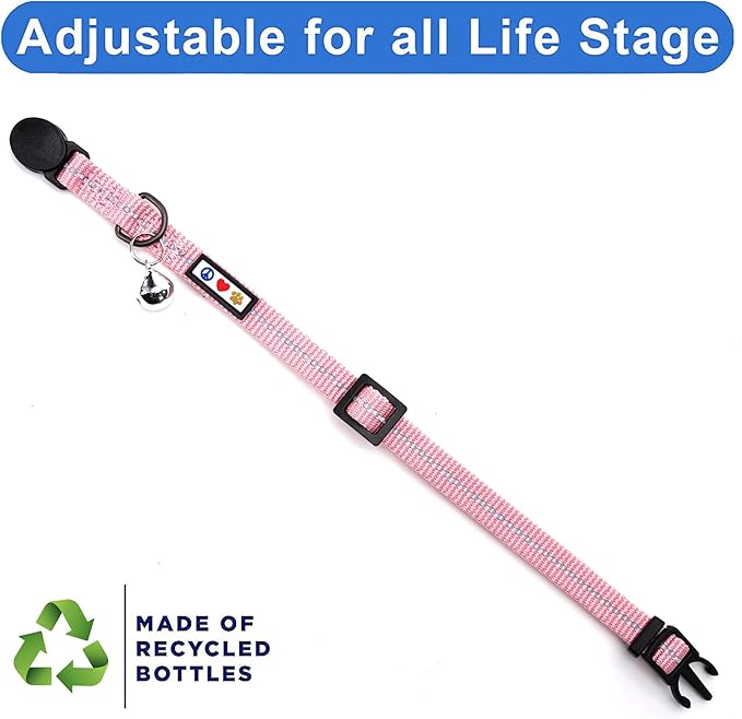 Pawtitas Recycled Cat Collar with Reflective Stitched and Safety Buckle Removable Bell Reflective Cat Breakaway Collar Made from Plastic Bottles Pink Cherry Blossom Cat Collar