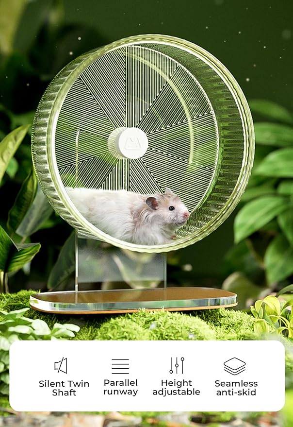 Super-Silent Hamster Exercise Wheel: Silent Spin Toys Hamster Running Wheels with Height Adjustable Stand for Hamsters Gerbils Mice Or Other Small Animals -8.5inch Green