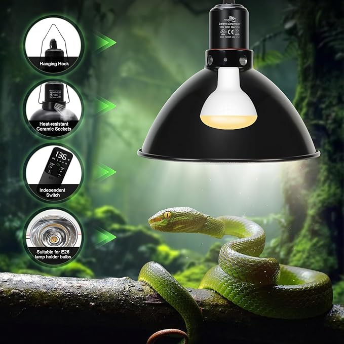 Reptile Light Fixture with Thermostatic Timer, 8.5 Inch Deep Dome Lamp Cap Reptile Heat Lamp Fixture with Separate Switches, Terrariums Light Fixture for Ceramic Heating Lamp Bulb